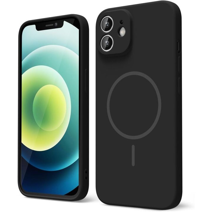 Husa Telefon din Silicon Negru, Compatibila cu MagSafe si iPhone 16 Plus, Rezistenta la Socuri, Prietenos cu Pielea, Margini Ridicate pentru Protectia Ecranului si Camerelor, Suprafata Anti-amprenta, Instalare Usoara Fara Scratch