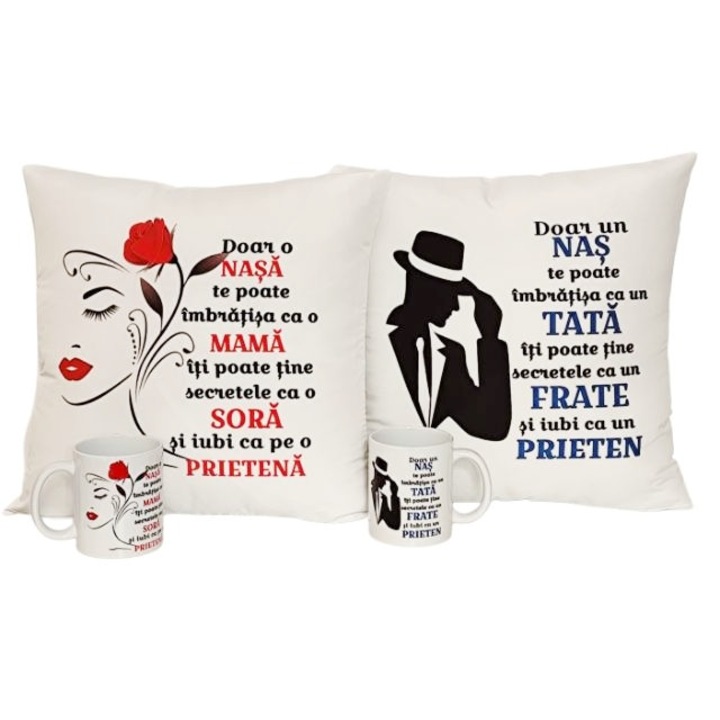Set Cadou pentru Nasi, 2 Perne Personalizate 40x40 cm si 2 Cani Personalizate 330 ml