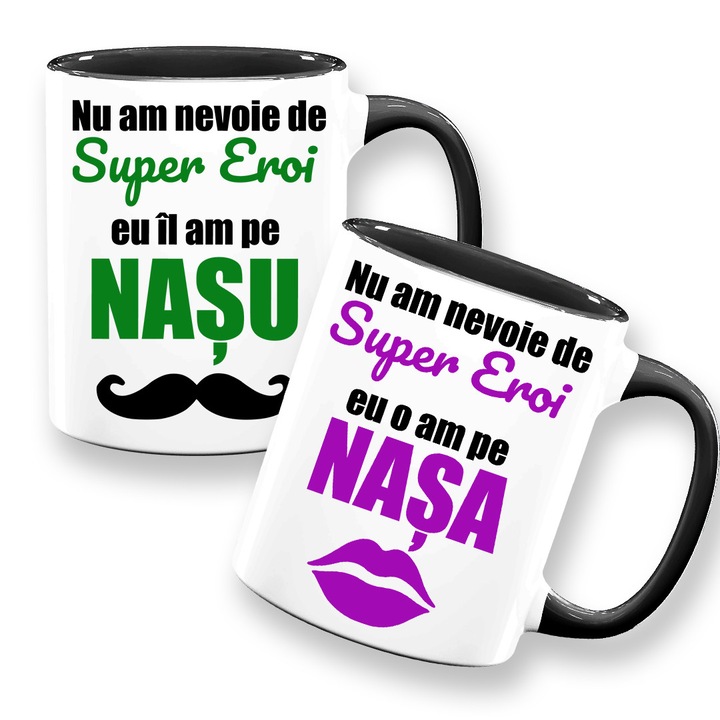 Set 2 cani personalizate pentru nasi, mesaj: "Nu am nevoie de supereroi...", ceramica, alba cu interior negru, 330ml