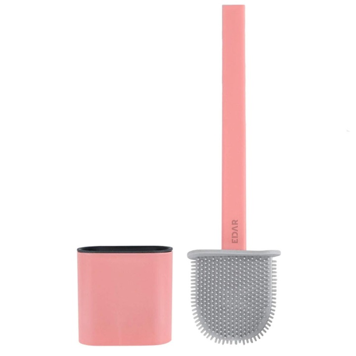 Силиконова четка за тоалетна EDAR, за тоалетна, гъвкава глава, пластмасов държач, розово/сива