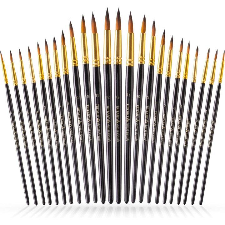 Set 24 de pensule, Tritart, pentru pictura, cu varf fin, perii din par sintetic, pentru acuarela, acril si ulei, Negru