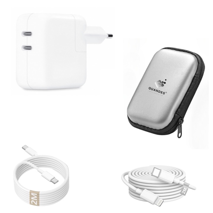 Kit Dual USB-C 50W gyors töltő, 1 db USB-C-C adatkábel 60W 2M, 1 db USB-C-Lightning adatkábel 37W 2M, Kompatibilis iPhone16/15/14/13/12/11 pro max, EVA tárolótáska