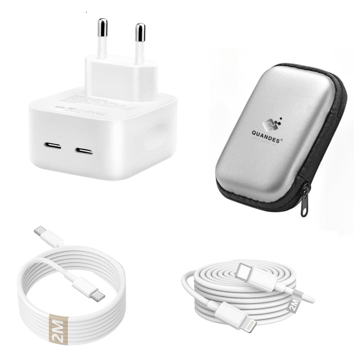 Dual USB-C 40W gyorstöltő készlet, 1 db USB-C-C adatkábel 67W, 2M, 1 db USB-C-Light adatkábel 37W, 2M, Kompatibilis iPhone 16/15/14/13/12/11 pro max, QUANDES®, EVA tárolótáska