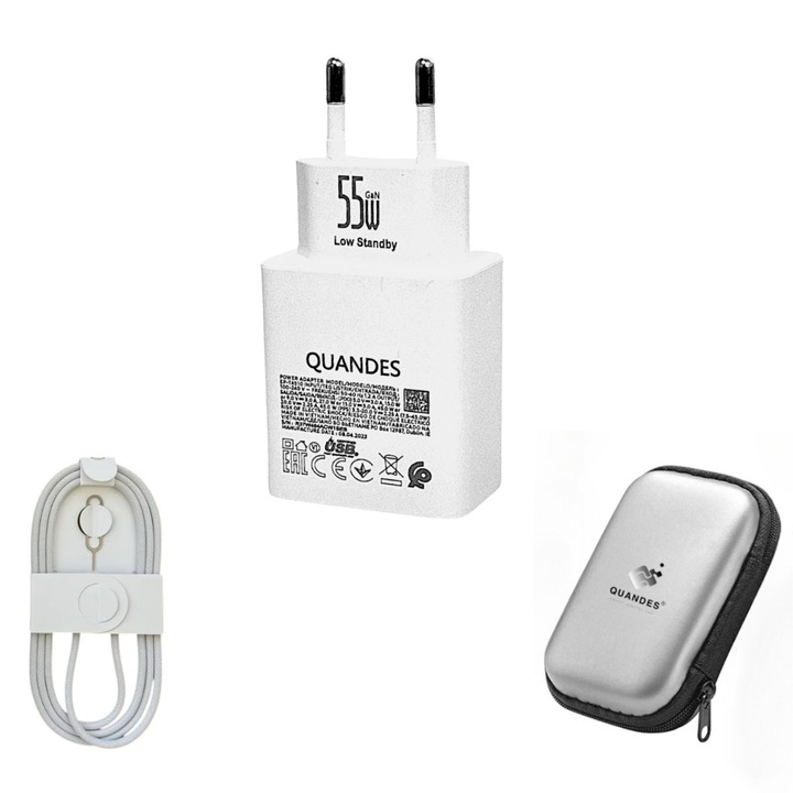 Kit Incarcator super Fast Charge 55W PD GaN usb C, cablu date C-C 60 1M Woven, compatibil cu iPhone 17/17pro/17 promax, Geanta de depozitare EVA