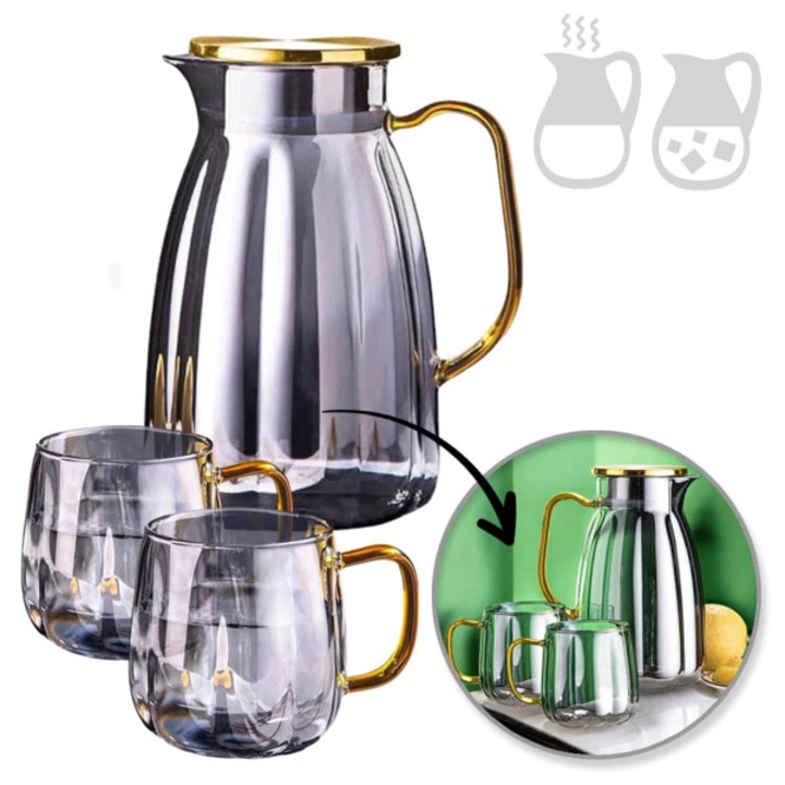 Set Carafa cu Maner si Capac 1600ml + 2 Pahare 350ml Sticla Borosilicat Rezistenta la Zgarieturi si Temperaturi Ridicate Bauturi Calde si Reci Dimensiuni Carafa 20, 5x12cm Capac 9cm Pahare 9x7, 5cm Ambalaj Cadou Elegant, Manolex®