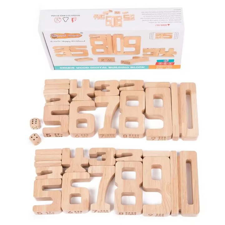 Tabla Educativa Montessori, Set Educational Monocolor de 32 de Blocuri Numerice din Lemn cu Zaruri, Introduce Copiii in Lumea Matematicii Intr-un Mod Interactiv si Distractiv, 3-6 ani