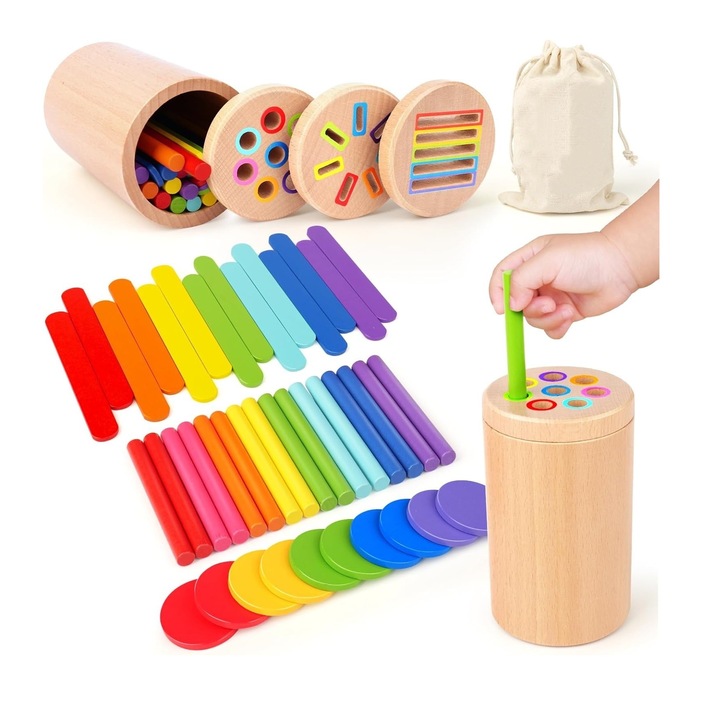 Монтесори 3 в 1 образователна игра, за фина моторика, дървени обучащи играчки за деца, сортиране на форми и цветове, 1-3 години