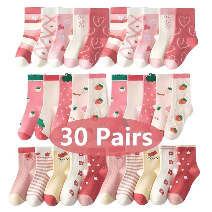 30 чифта розови чорапи със сърце и ягоди за момичета, тип принцеса, 95% полиестер 5% спандекс, плетена материя, дължина до средата на прасеца, ръчно пране, за възраст 6-8 години