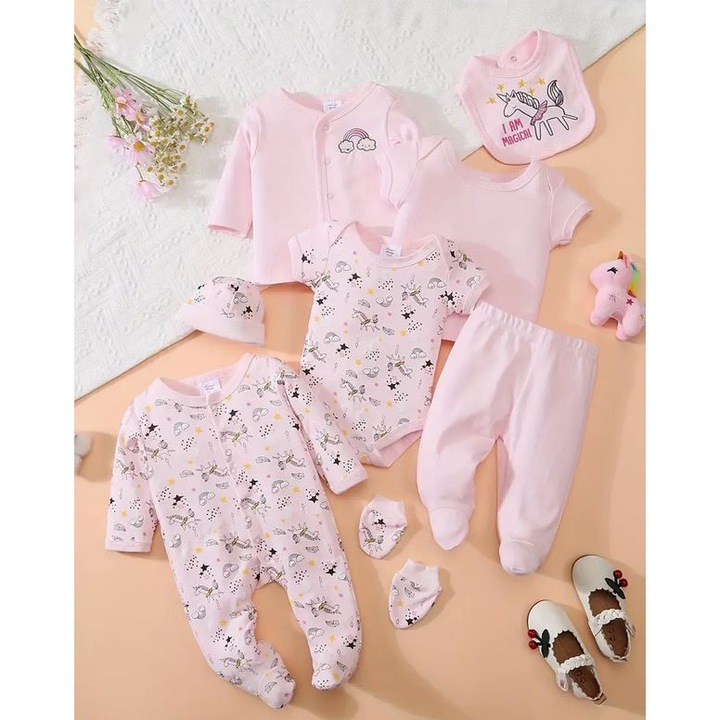 Комплект дрехи за новородени 8 части, с принт еднорог, 100% памук