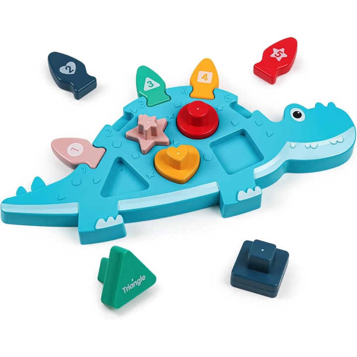 Jucarie Educativa Montessori pentru Copii - Puzzle Interactiv in Forma de Dinozaur - Contine Forme Geometrice, Piese Numerotate si Culori Diverse - Activitate de Sortare si Numarare - 3 Ani+