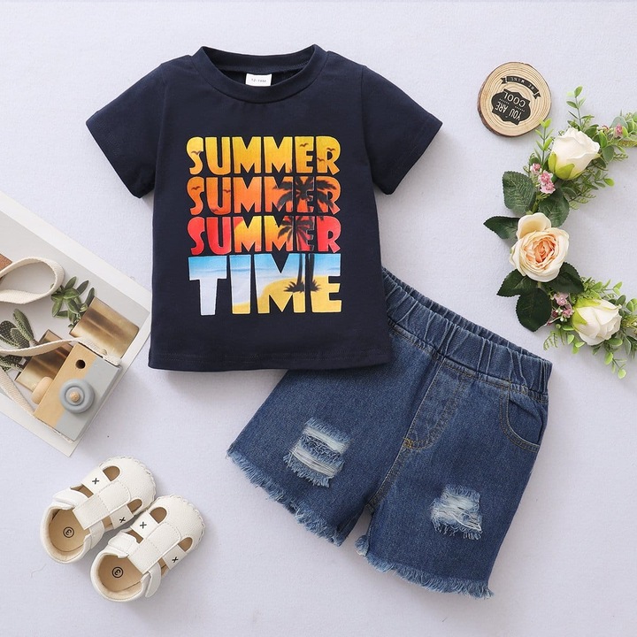 Compleu 2 piese tricou si pantaloni Summer Time, Negru/Albastru