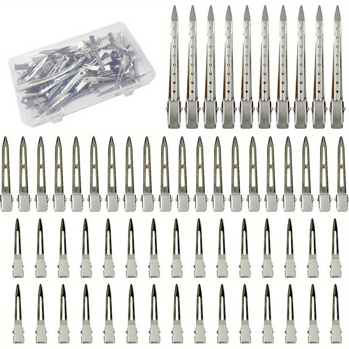 Set 60 clame Metalice Argintii pentru Par, Diverse Dimensiuni, Cutie de Depozitare