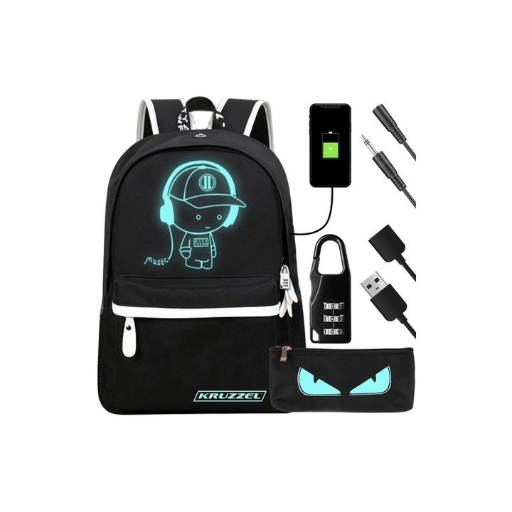 Fluoreszkáló hátizsák, USB töltő-/hosszabbítókábellel