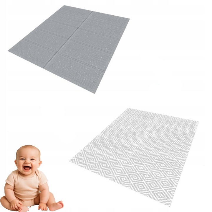 Covoras termoizolant de joaca cu 2 fete, Zola, din spuma XPE, grosime 10 mm, 180 x 120 cm, pliabil, impermeabil, model romburi, gri/alb