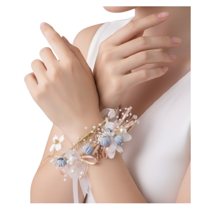 Bratara mireasa albastra, perle, dantela, 13.3x6.5cm