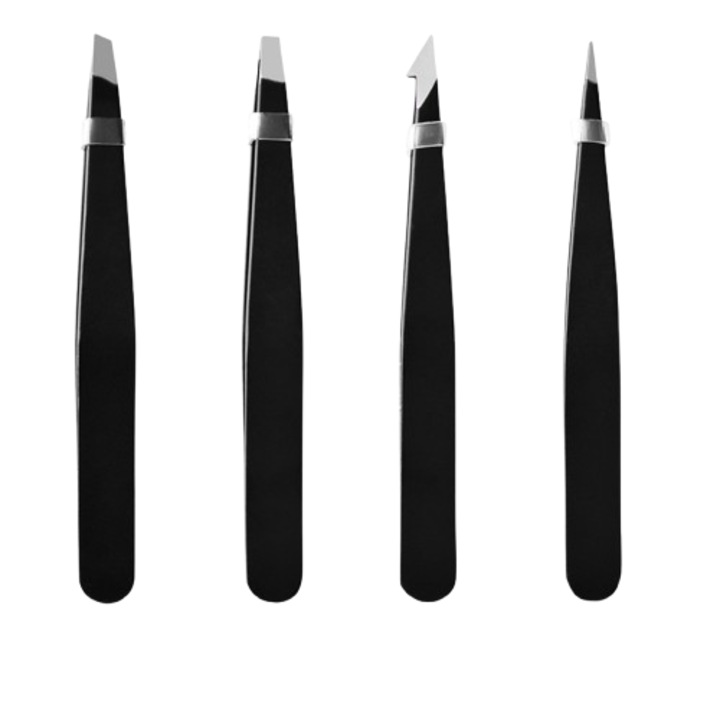 Комплект от 4 професионални пинсети от неръждаема стомана, ергономични, сребристо/черни