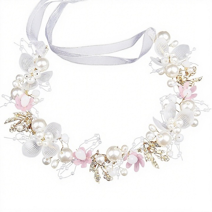 Coroana de flori pentru fetite, perle simulate, cristale, multicolor, 33cm