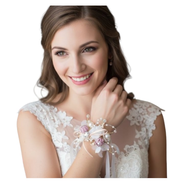 Bratara de nunta din flori, roz, 5.2 in x 2.5 in, decorare ceremonie, acril/dantela, Pale Pink