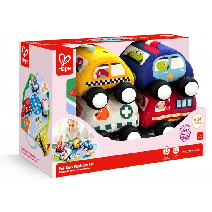 Set masini de plus pullback, Hape, 4 buc