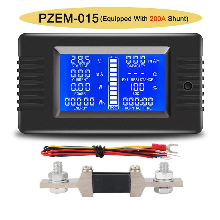 Tester baterie PZEM-015, tensiune, capacitate, putere, DC 0–200V cu shunt extern, 200A
