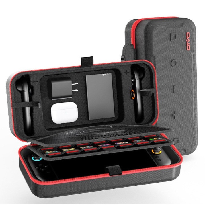 Калъф за носене за Nintendo Switch 2, преносим калъф за носене със защитен твърд калъф, може да побере 24 касети, с джобове за аксесоари и игри за Switch 2, Черен/Червен