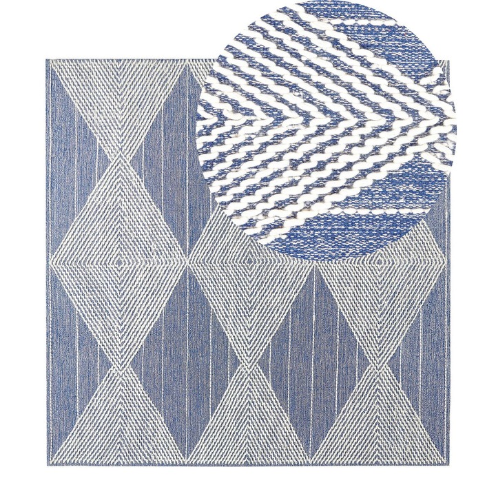 Covor din lana bej deschis si albastru 200 x 200 cm Datca