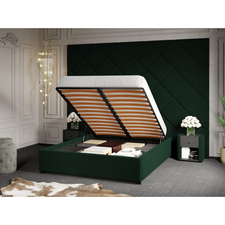 Pat Tapitat cu Panou, 305x228, C3, Dubai cu Somiera Rabatabila, 180x200, Verde Inchis/Velluto 27