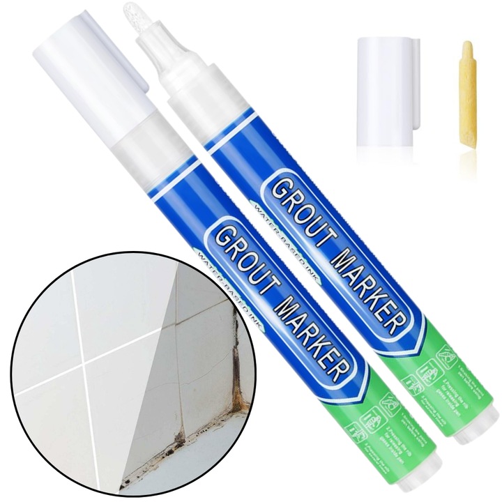 Set 2 Markere TrioStore® Corectoare Permanente Pentru Rosturi, Marker Permanent Pentru Rosturi Gresie Si Faianta, Marker Corector Rosturi Cu Pasta Densa, Marker Corector Gresie Cu Uscare Rapida, Marker Faianta Alb Cu Cap De Rezerva Pentru Curatare Si Reim