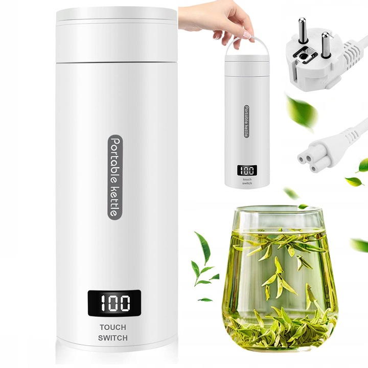 Fierbator Electric Portabil, Tip Termos, 500 ml, 4 Temperaturi Presetate, Fierbere Rapida in 7 Minute, Afisaj LCD, Control Temperatura Inteligent, Alimentare Cablu 220V, Interior Otel Inoxidabil, Alb