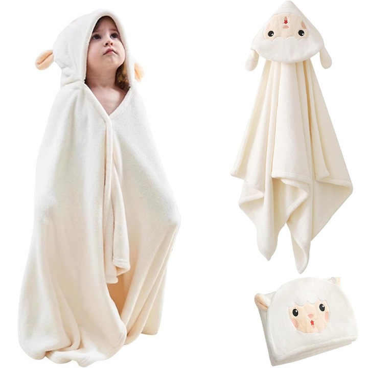 Prosop cu gluga pentru copii, design animal, fleece, alb, 70x140cm