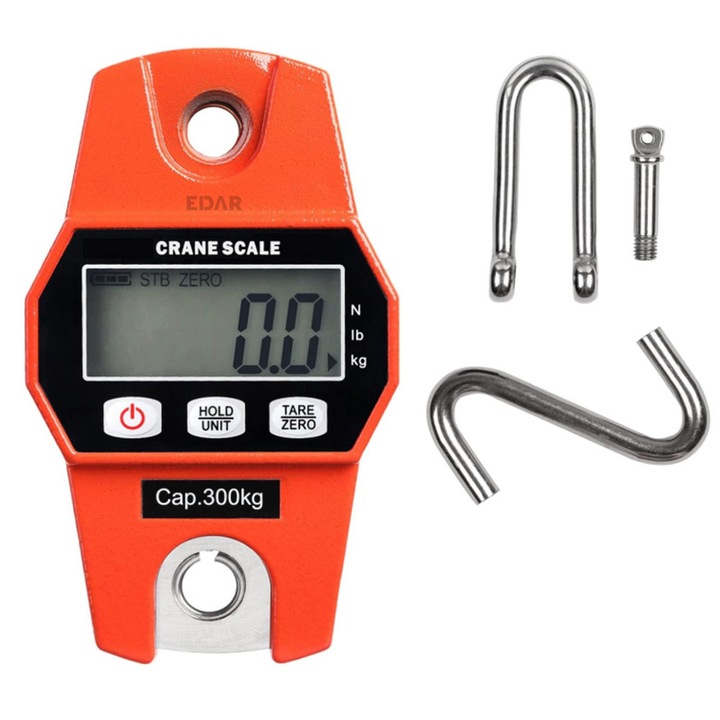Cantar Digital Cu Carlig EDAR, Electronic, Suspendat, De Depozit, Afisaj LCD Luminos, Conversie Unitati, Functionare Pe Baterii, Capacitate Pana La 300 Kg, Portocaliu