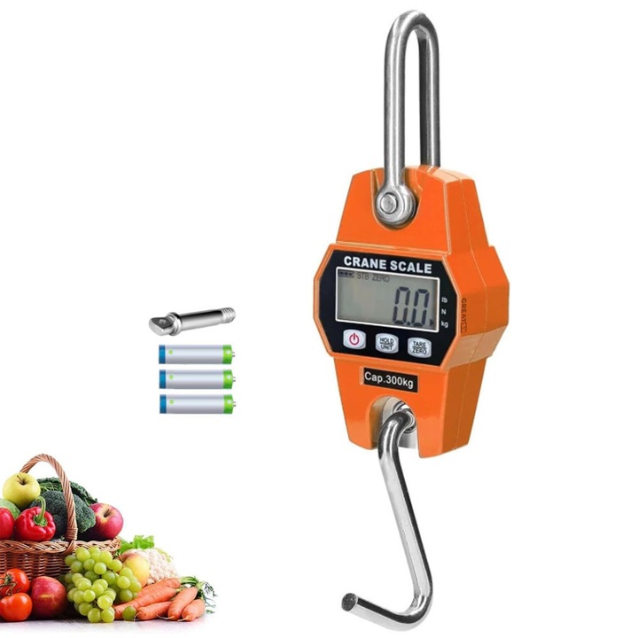 Cantar De Mana GREATON, Afisaj Digital Iluminat, Carcasa Aluminiu, Unitati De Masura Kg, Lb, Funcii Tare, Zero, Hold, Cantareste Maxim 300 Kg, Baterii, Portocaliu