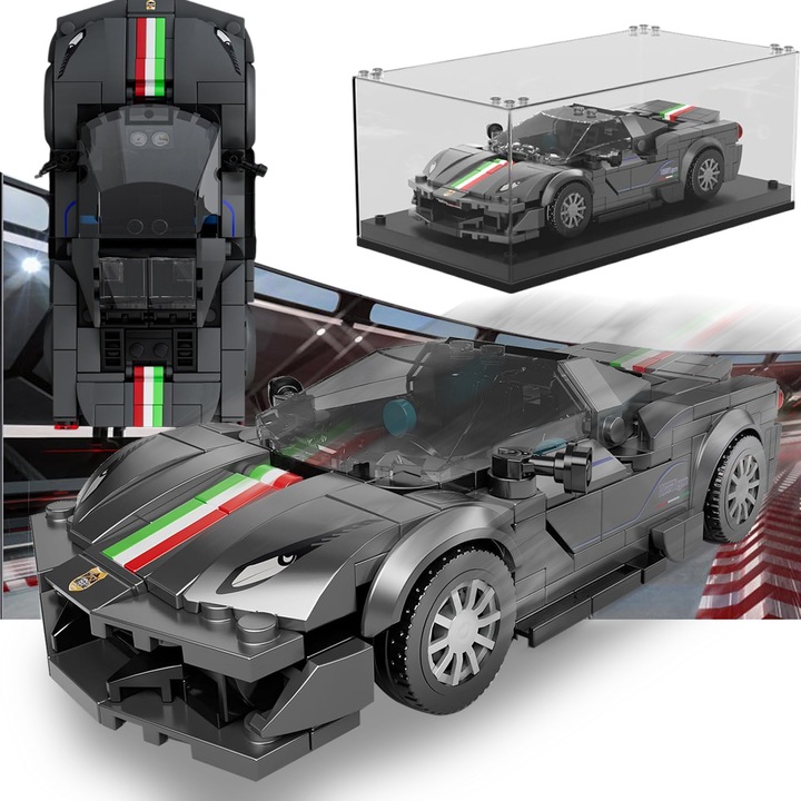 Sportautó Építő Kocka Készlet, lynker, 358 db, Akril kiállítódobozzal, 16 × 7.6 × 4.8 cm, Részletes modell, Oktató játék gyermekeknek, Gyűjthető versenyautó ajándékok, 6 éves kortól és felnőtteknek, Fekete