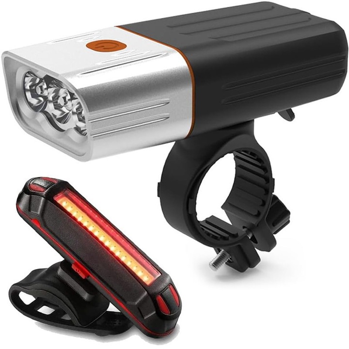 Kerékpár lámpa szett, 3 mód, USB tölthető, vízálló, első és hátsó, 118x46x27mm, fekete