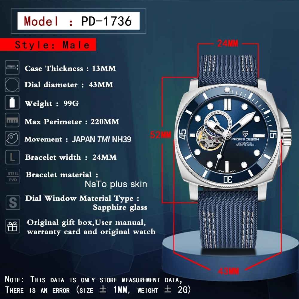 Ceas barbatesc automat PAGANI DESIGN PD-1736, mecanism japonez