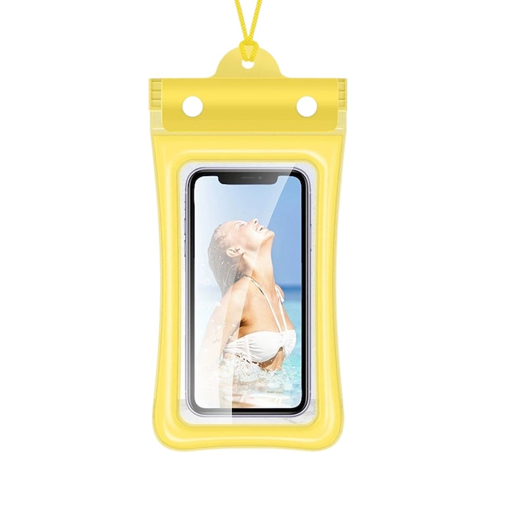 Geanta impermeabila pentru telefon, PVC transparent, protectie inot, 30m adancime, 7 inci, galben