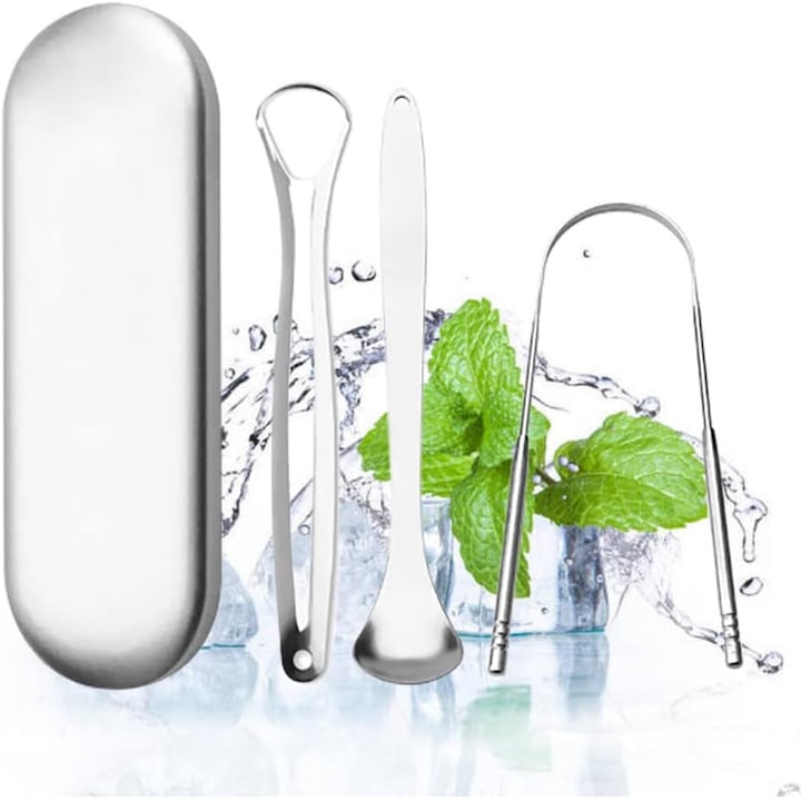 Nyelvkaparó, rozsdamentes acél nyelvkaparó, újrafelhasználható szájhigiéniai eszköz, könnyen tisztítható, környezetbarát és praktikus (3 darab)