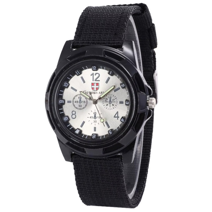 Ceas Genius Army, Sport, pentru Barbati, Material textil, Negru si alb