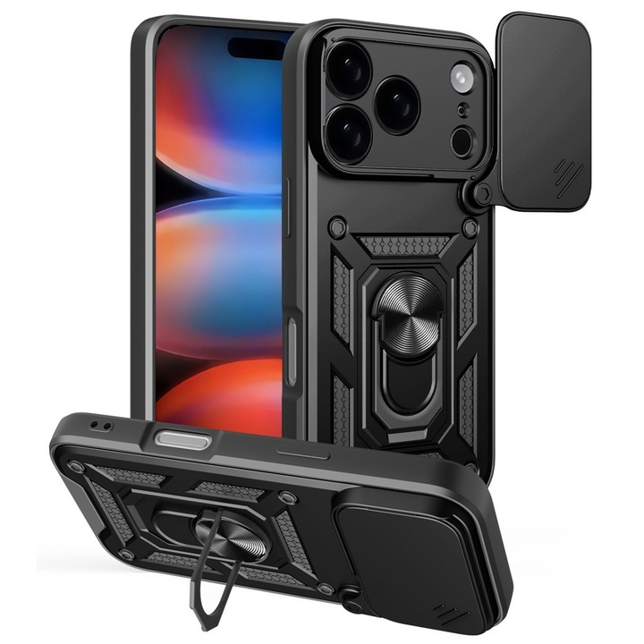 Husa Shutter Spate Armor Ring Lens Cover pentru Apple iPhone 17 Pro Max, Slide Mechanism, Functie Magnetica, Camshield Suportul Inel Rotativ 360°, Negru