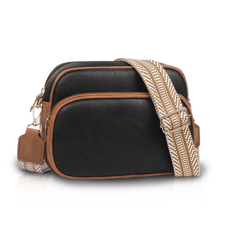 Női Crossbody Táska Valódi Bőrből, 4 Rekeszes, Állítható Pánttal, Vízálló, 22.5×18×8cm, Fekete