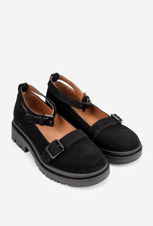 Pantofi dama din piele intoarsa cu bareta, Negru