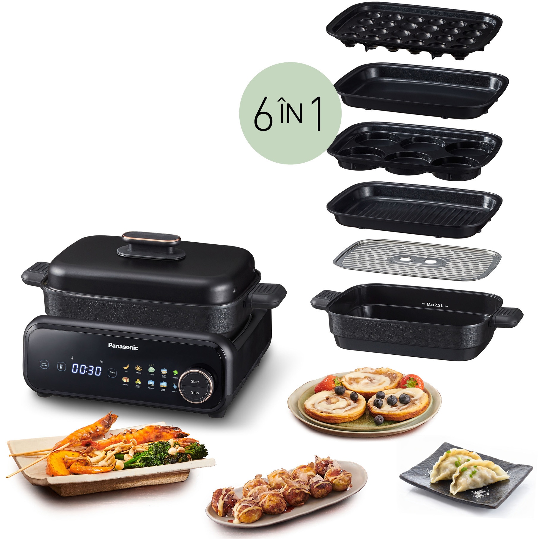 Grill multifunctional 6 in 1 Panasonic NF-GM600KXE, 1524W, 40°C–250°C, 9 programe, 6 vase, peste 100 retete, extractor de fum cu filtrare prin apa, negru