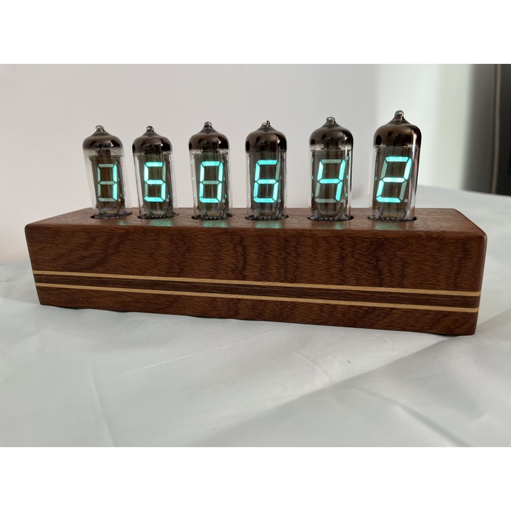 Ceas carcasa lemn exotic cu tuburi VFD Nixie era tip IV11 235 X 63mm
