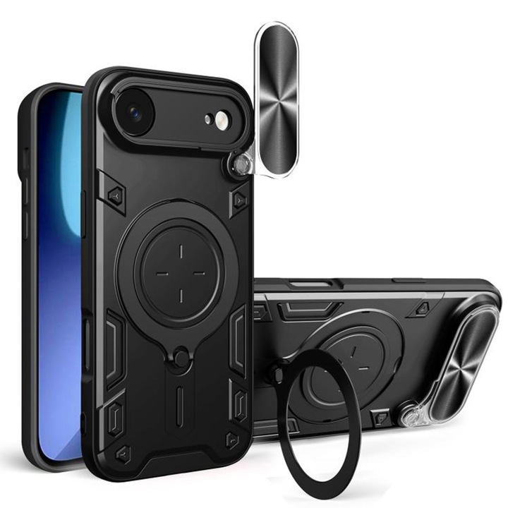 Husa SurveilPro Spate 360° Ring Design Lens Cover pentru Apple iPhone 17 Air, Protectie Avansata, Functie Magnetica, Suportul Inel Rotativ din Inox, Negru