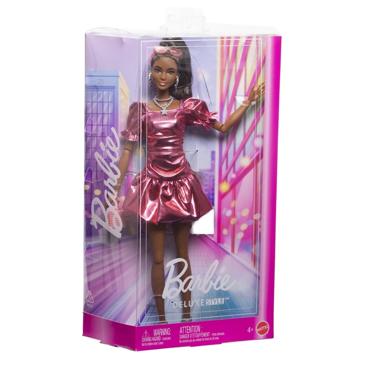Papusa Barbie - Deluxe Style, cu rochie roz metalizat