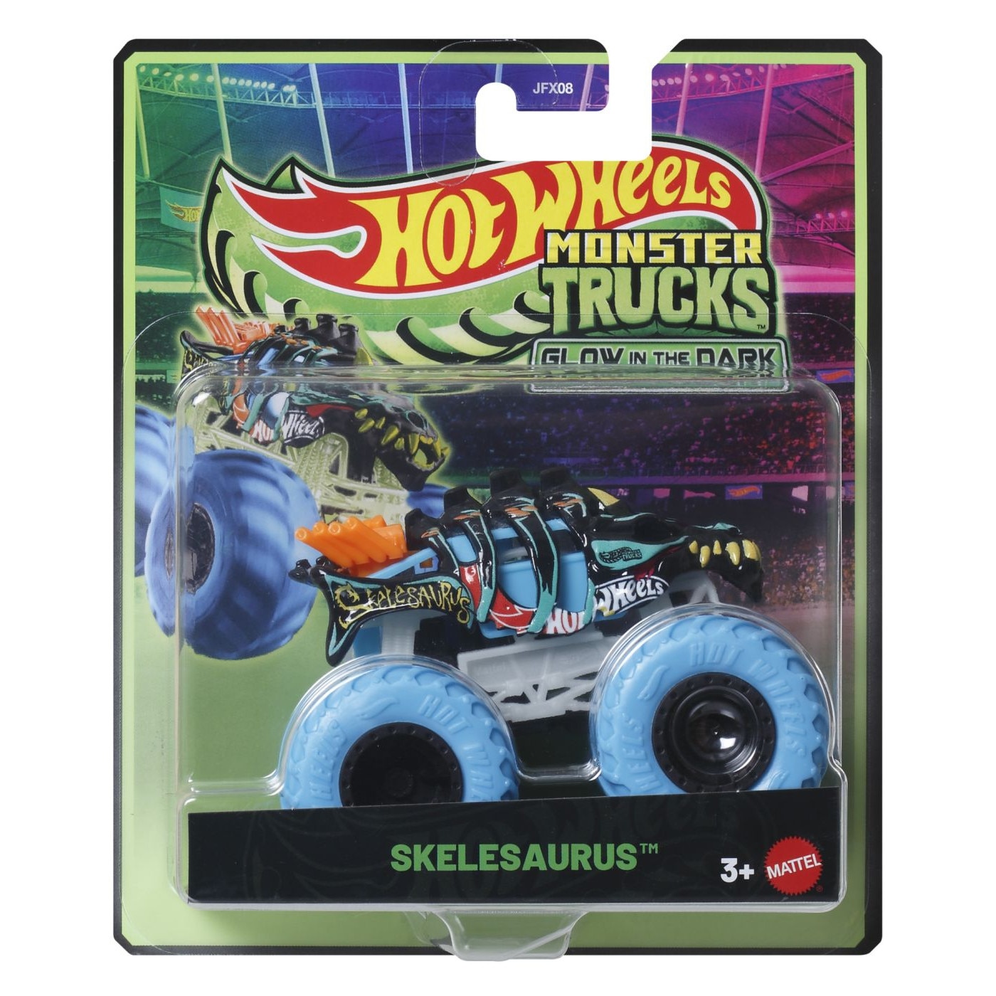 Masinuta Hot Wheels Monster Truck - Glow in the Dark, Skelesaurus, scara 1:64