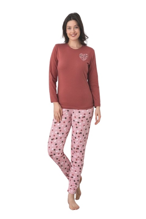 Pijamale dama, 2 piese, bluza rosie cu maneca lunga, pantaloni lungi roz cu buline culoare roz, love