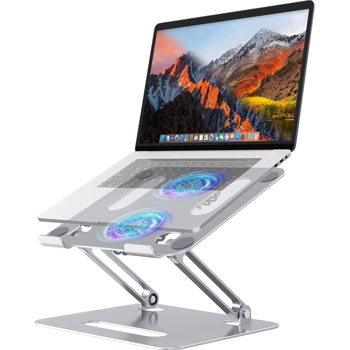 Suport Laptop 10-17 inch, Suport reglabil pentru racirea laptopului, cu 2 ventilatoare silentioase si iluminare RGB, din aliaj de aluminiu, pliabil si ergonomic, compatibilitate universala, perfect pentru gaming, DJ si birou – Gri