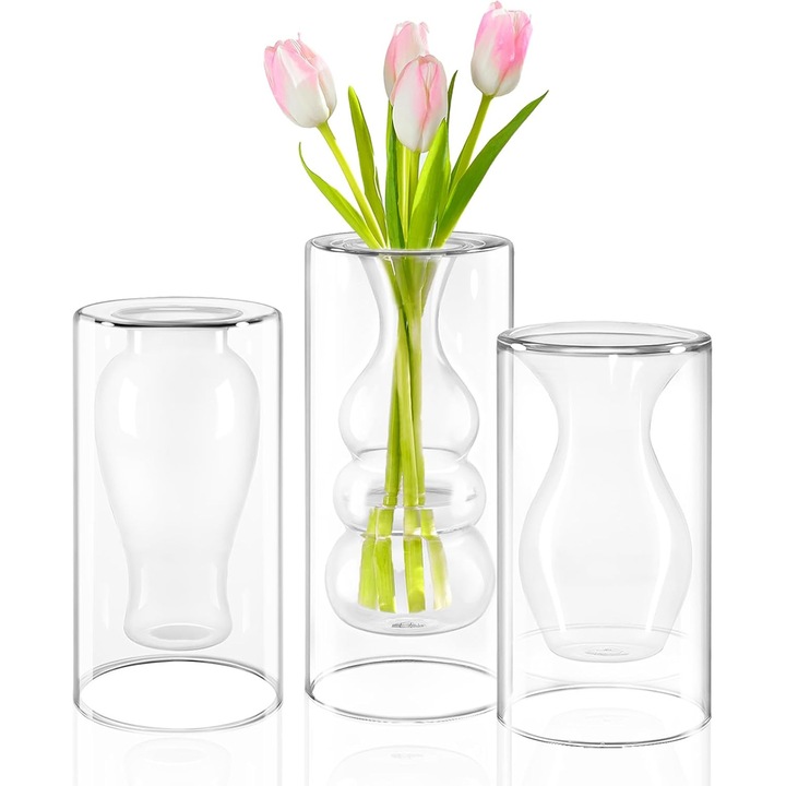 Set 3 vaze decorative, sticla transparenta, design modern, dublu gol, pentru flori si aranjamente de masa, 17.7 cm