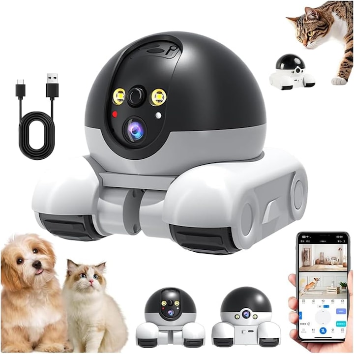 Camera de supraveghere pentru animale de companie, 1080P, dual lens, 360° monitorizare, control prin aplicatie, baterie 5200 mAh, stocare cloud